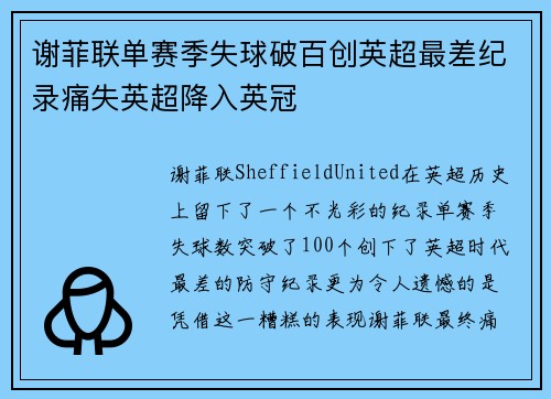 谢菲联单赛季失球破百创英超最差纪录痛失英超降入英冠